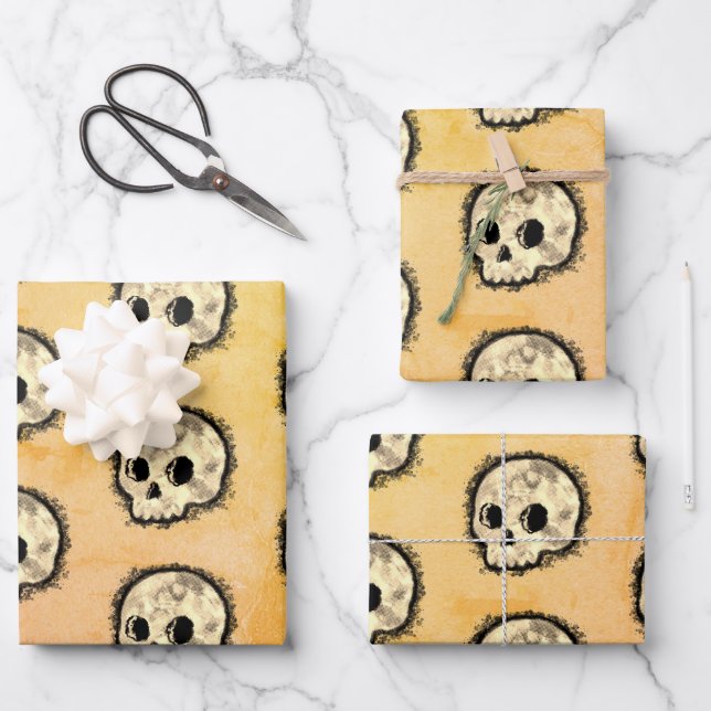 Sepia Dotted Halftone Skull Watercolor Wrapping Paper Sheet (Front)