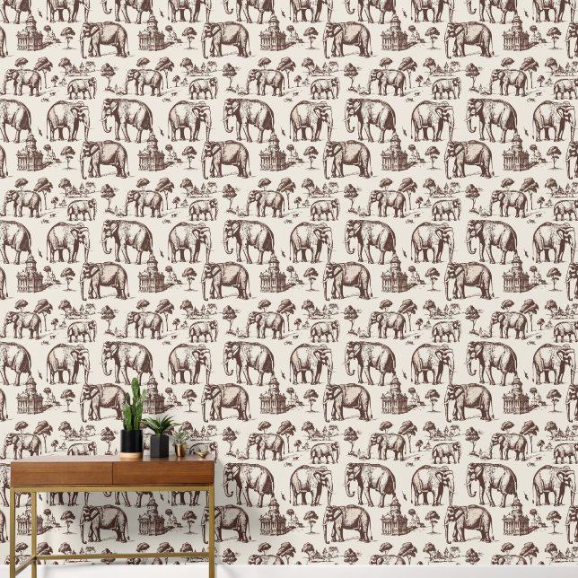 Sepia Elephants and Landmarks Wallpaper (Hallway)