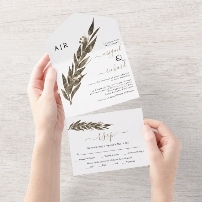 Sepia eucalyptus branch winter wedding all in one invitation (Tearaway)