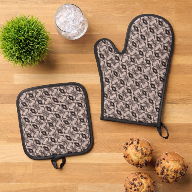 Sepia eye-like geometric diagonal pattern oven mitt & pot holder set (Top Down)