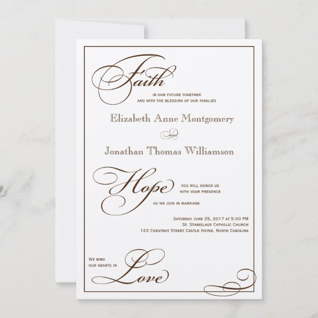 Sepia Faith Hope Love Script Wedding Invitation (Front)