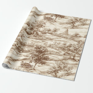 Sepia Farmhouse Pumpkin Toile Harvest Pattern Wrapping Paper