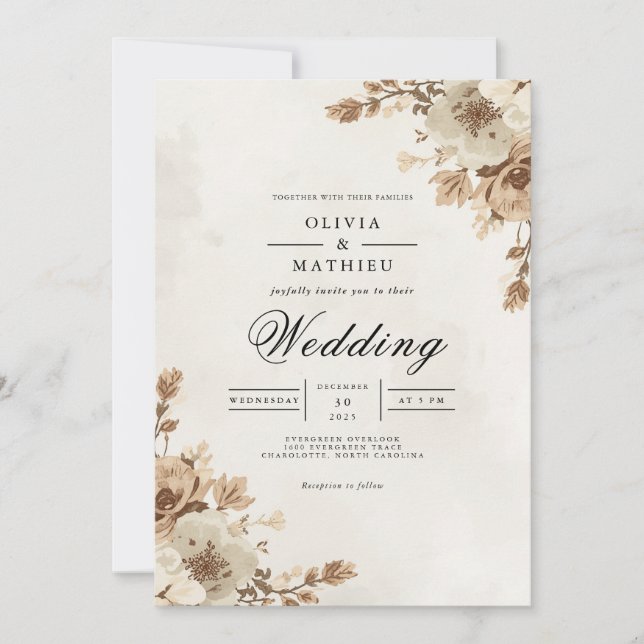 Sepia Floral Border Wedding Invitation (Front)