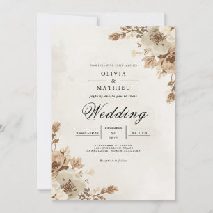 Sepia Floral Border Wedding Invitation
