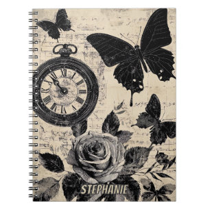 Sepia Floral Butterfly Wanderlust Compass Notebook