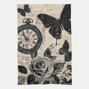 Sepia Floral Butterfly Wanderlust Compass Tea Towel