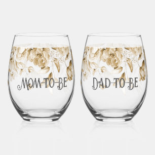 Sepia Floral Drop l Baby Shower Mum & Dad-to-Be Stemless Wine Glass