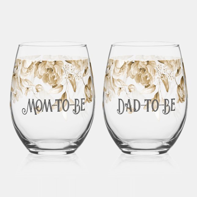 Sepia Floral Drop l Baby Shower Mum & Dad-to-Be Stemless Wine Glass (Front)