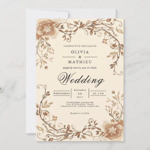 Sepia Floral Scroll Arch Wedding Invitation
