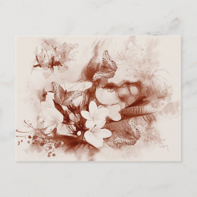 Sepia flowers and butterflies horizontal postcard (Front)