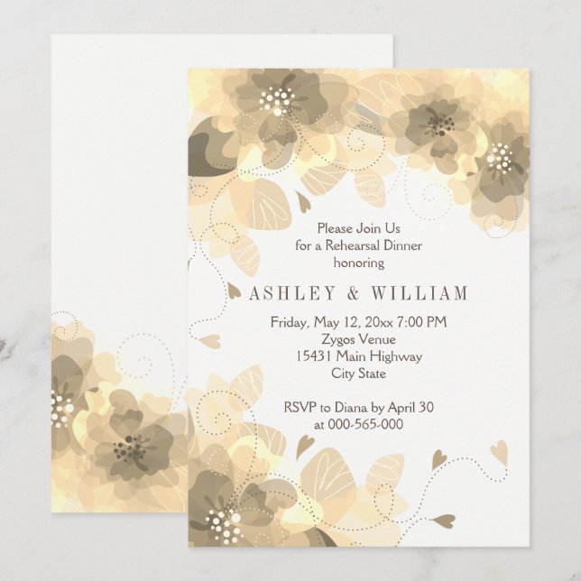 Sepia flowers floral fall wedding rehearsal dinner invitation (Front/Back)