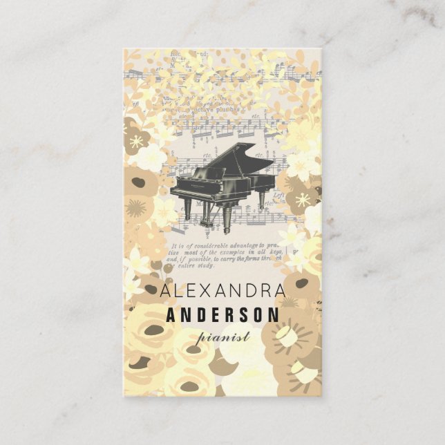 Sepia Flowers Pianist Music Teacher Business Card (Front)