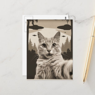 Sepia Funny Kitty and UFOs Postcard
