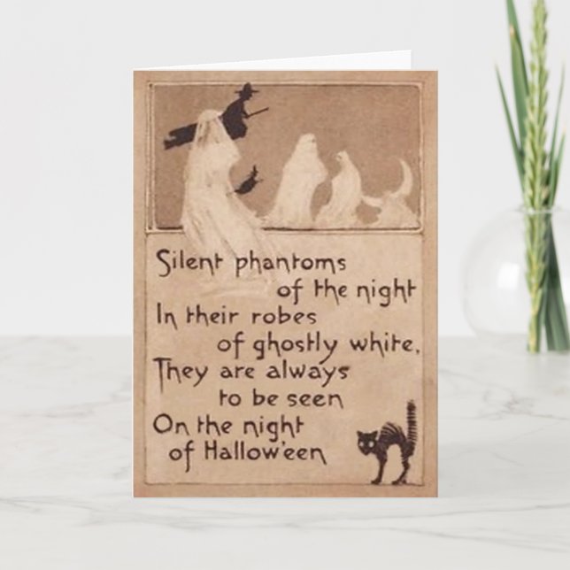Sepia Ghost Witch Black Cat Crescent Moon Card (Front)