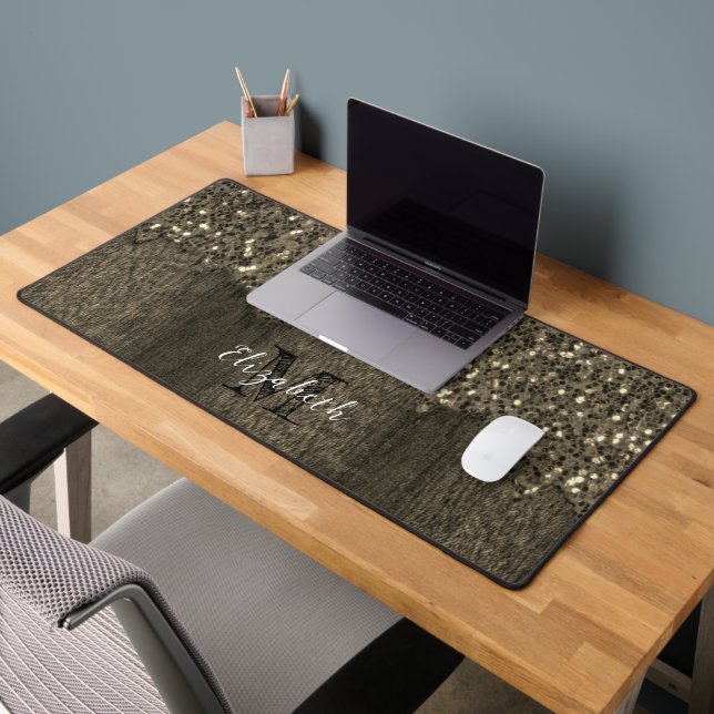 Sepia gold faux sparkles rustic wood Monogram Desk Mat (Office 2)
