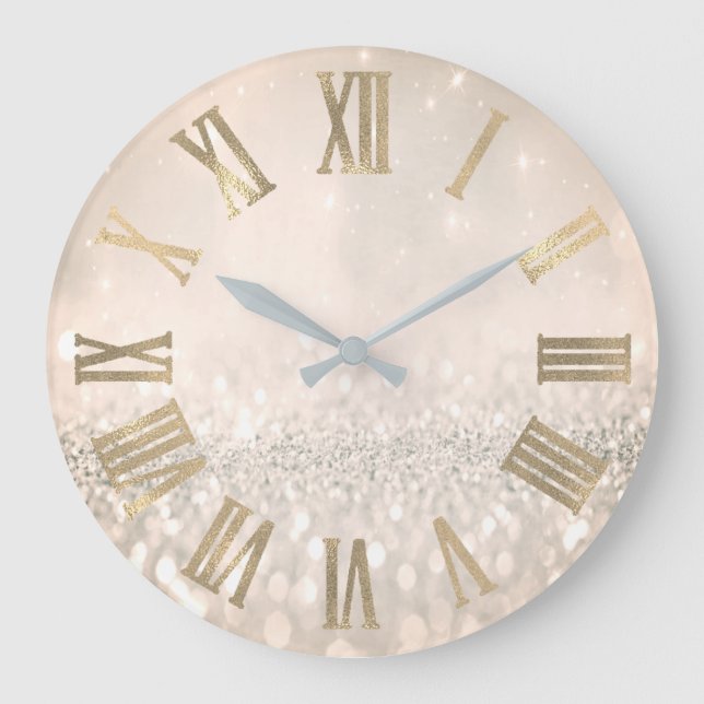 Sepia Gold Glitter Grey Metallic Roman Numers Large Clock (Front)