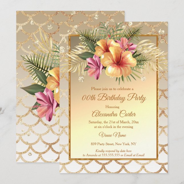 Sepia Gold Pink Hibiscus Floral Birthday Party Invitation (Front/Back)