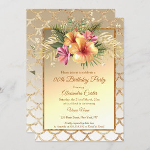 Sepia Gold Pink Hibiscus Floral Birthday Party Invitation