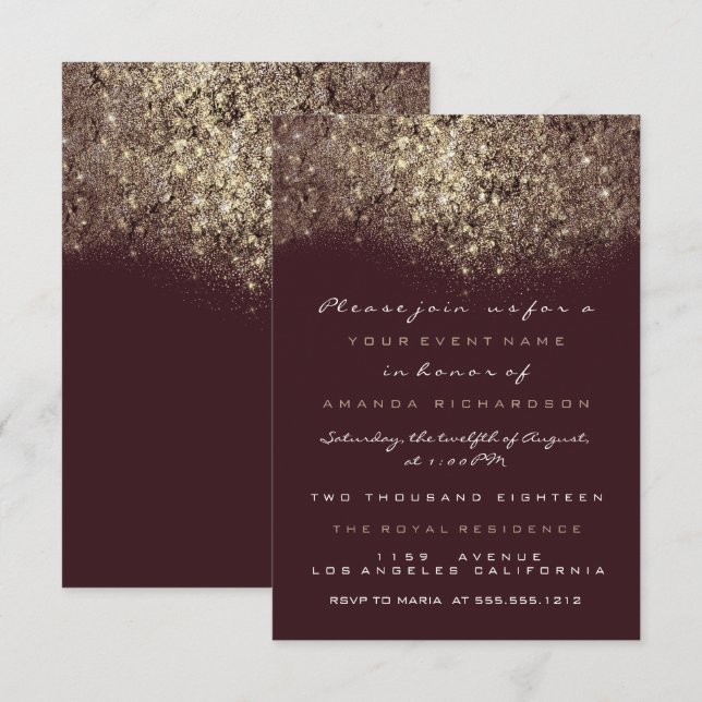 Sepia Gold Sparkly Glitter Burgundy Invitation (Front/Back)