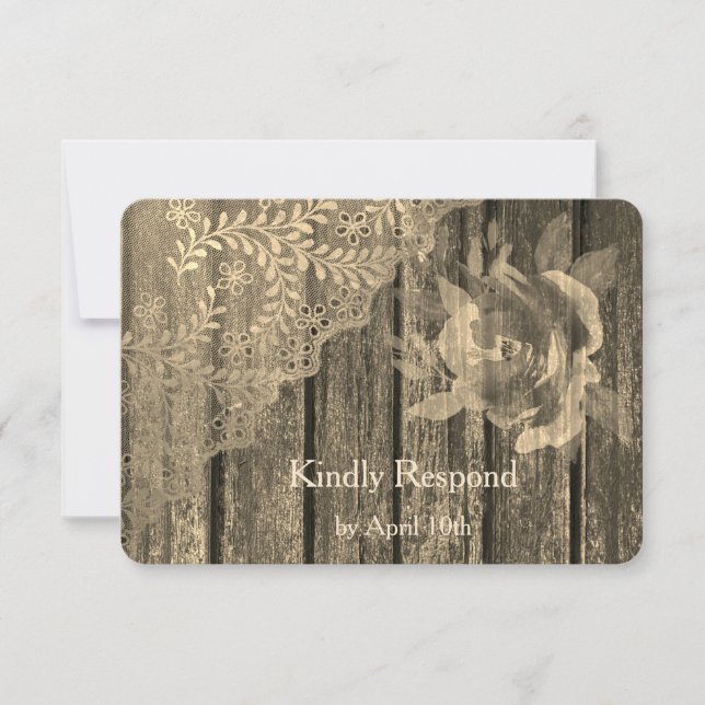 Sepia Gold Wood Lace and Rose Wedding RSVP (Front)
