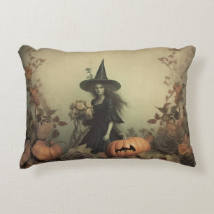 Sepia Gothic Witch with Pumpkins and Autumn Roses Decorative Cushion