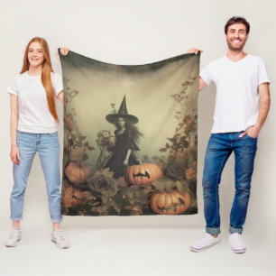Sepia Gothic Witch with Pumpkins and Autumn Roses Fleece Blanket