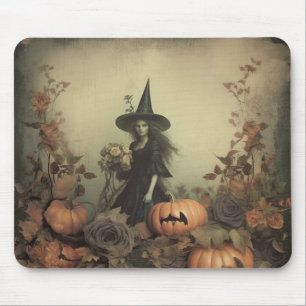 Sepia Gothic Witch with Pumpkins and Autumn Roses Mouse Mat