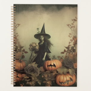 Sepia Gothic Witch with Pumpkins and Autumn Roses Planner