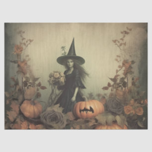 Sepia Gothic Witch with Pumpkins and Autumn Roses Tissue Paper