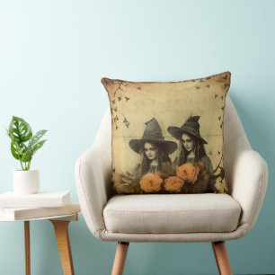 Sepia Gothic Witches Orange Rose Basket Cushion