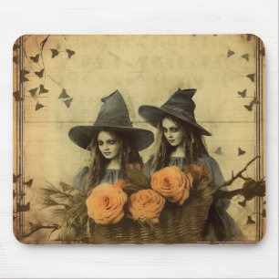 Sepia Gothic Witches Orange Rose Basket Mouse Mat