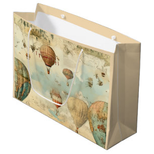 Sepia Hot Air Balloon Antique Map Large Gift Bag