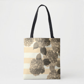 Sepia Hydrangea with Stripes Tote Bag