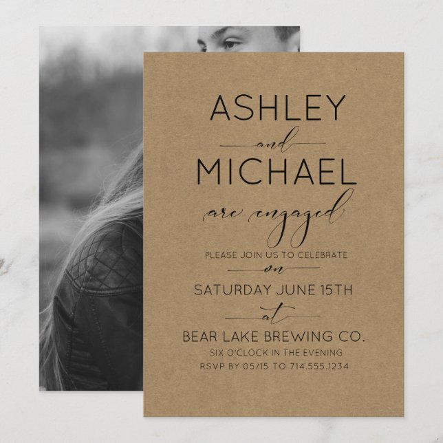 Sepia Kraft Typography Engagement Party Invitation (Front/Back)