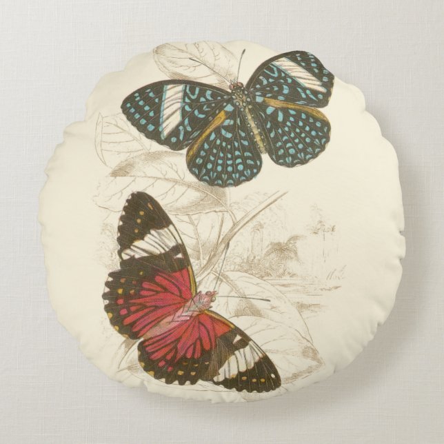 Sepia Leaves with Colourful Butterflies Round Cushion (Front)