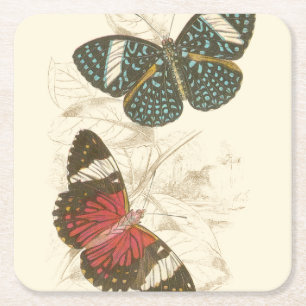 Sepia Leaves with Colourful Butterflies Square Paper Coaster