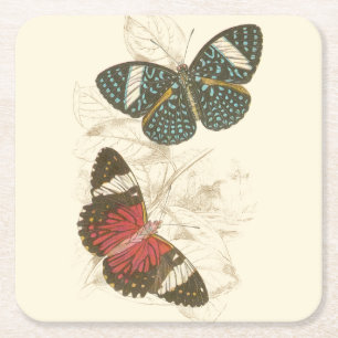 Sepia Leaves with Colourful Butterflies Square Paper Coaster