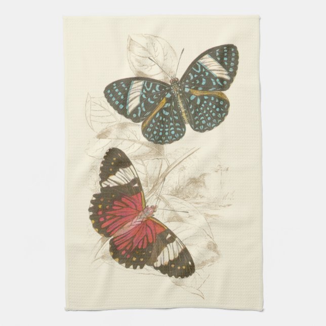 Sepia Leaves with Colourful Butterflies Tea Towel (Vertical)