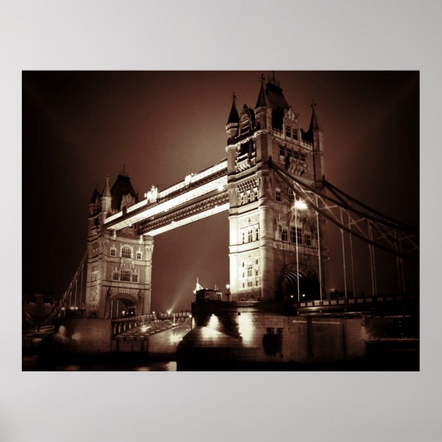 Sepia London Tower Bridge at Night Poster (Front)