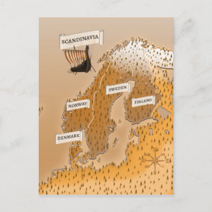 Sepia Map Of Scandinavia Postcard