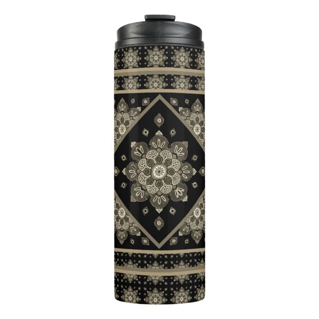 Sepia Medallions on black Thermal Tumbler (Front)