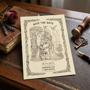 Sepia Mediaeval Illustration Fairytale Wedding  Save The Date