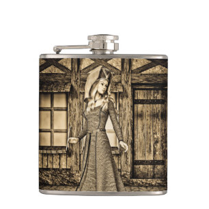 Sepia Mediaeval Princess Renaissance Art Hip Flask