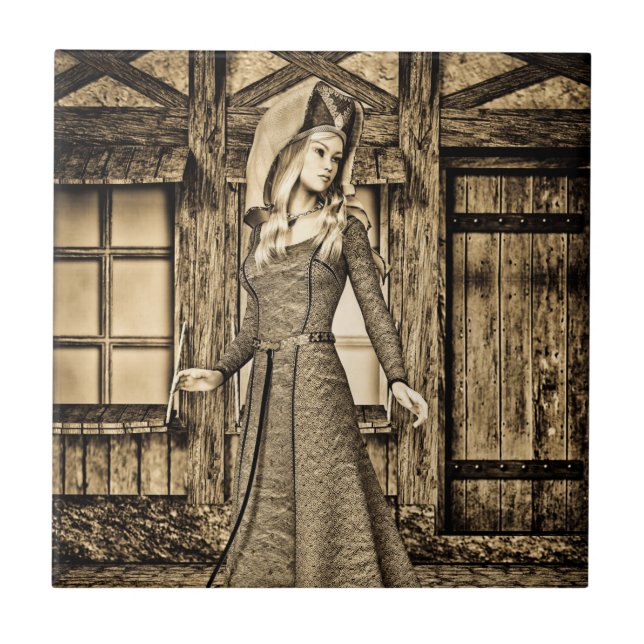Sepia Mediaeval Princess Renaissance Art Tile (Front)
