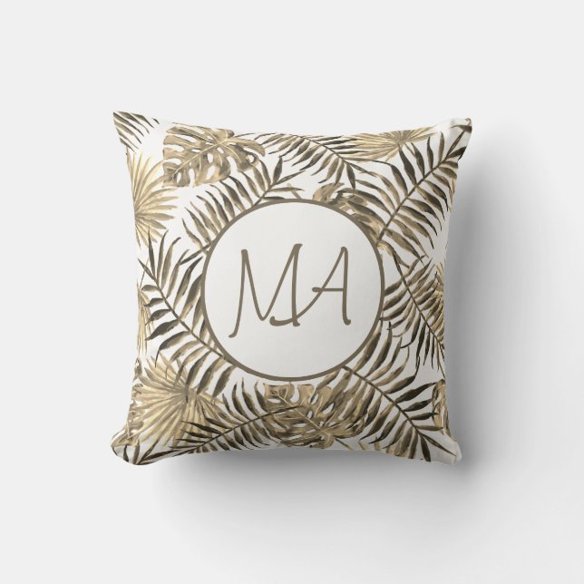 Sepia Monogrammed Tropical Jungle Leaf Decor Cushion (Front)