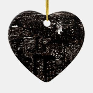 Sepia New York City Night Skyline Ceramic Tree Decoration