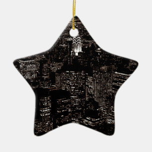 Sepia New York City Night Skyline Ceramic Tree Decoration