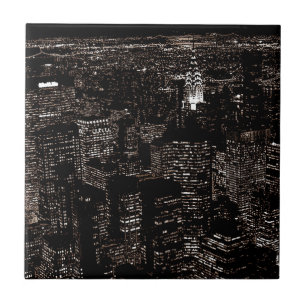 Sepia New York City Night Skyline Tile