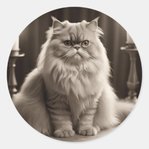 Sepia Persian Cat Portrait Timeless Elegant Classic Round Sticker