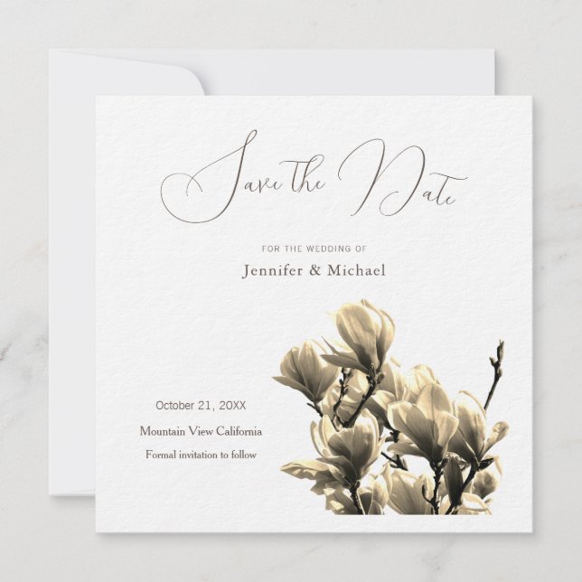 Sepia Professional Minimalist Floral Magnolias Save The Date (Front)